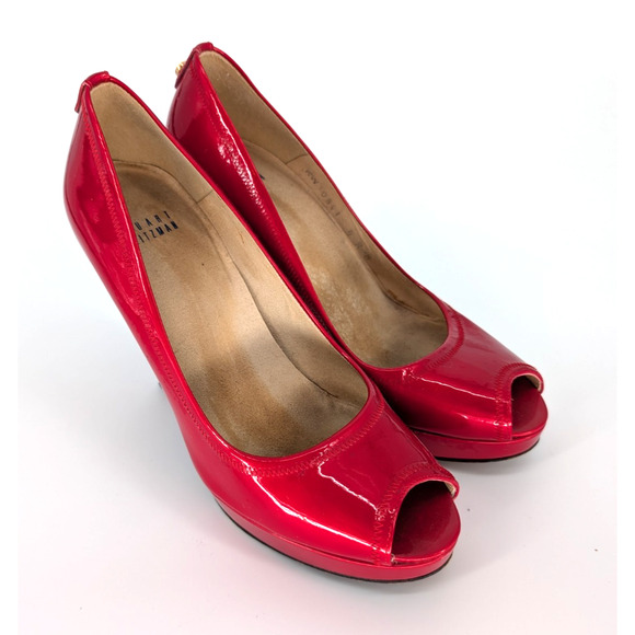 Stuart Weitzman Candy Apple Red Patent Leather Peep Toe Pumps 8M 4.5″ Heel Glam - Picture 5 of 11